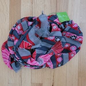 NEW VERA BRADLEY SOFT FRINGE SCARF CHERRY BLOSSOMS LIGHTWEIGHT GREY RED PINK